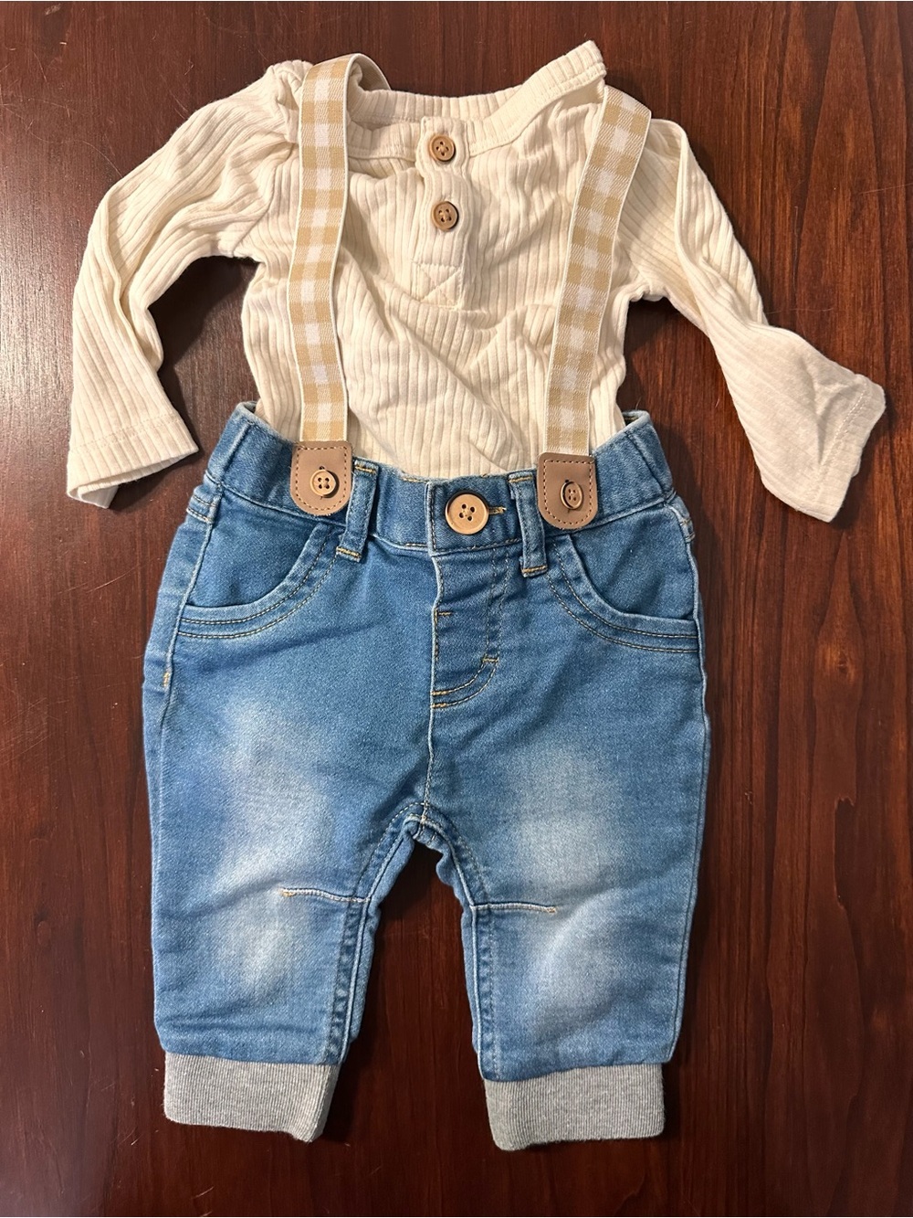 Cat & Jack Cream Ribbed Top with Blue Denim Joggers and Tan Suspenders